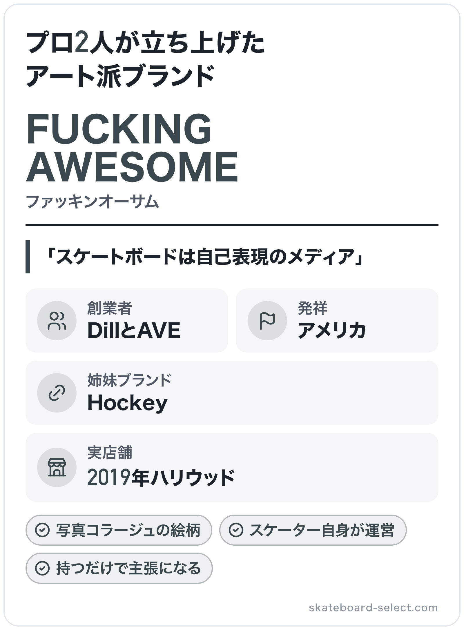 FUCKING AWESOMEのブランド概要の図解: 創業者=DillとAVE、発祥=アメリカ、姉妹ブランド=Hockey、実店舗=2019年ハリウッド